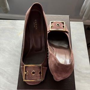 Gucci Brown Suede Buckle Detail Block Heel Pumps Size 38.5